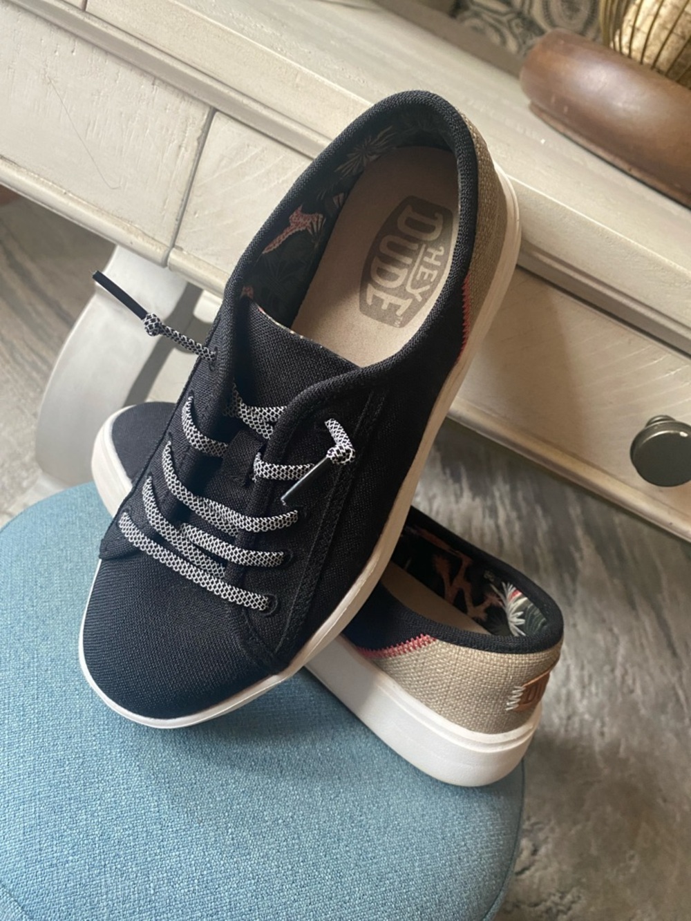 Hey Dude Black and Beige Canvas Slip-On Sneakers with Patterned Laces